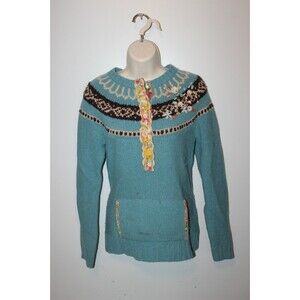 Free People Sweater Boho Hippie Ribbons Tiffany Blue Size XS NICE Women Knit Top